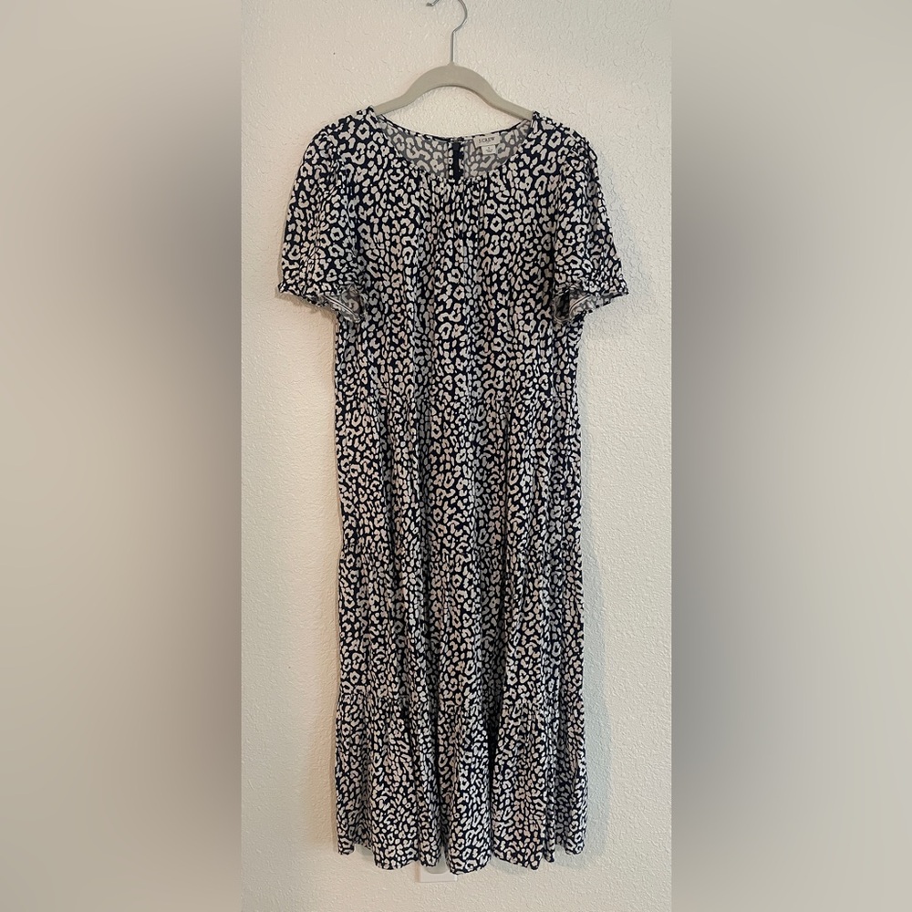 J.Crew Puff Sleeve Tiered Midi Dress in Blue and White Leopard Print - Size S